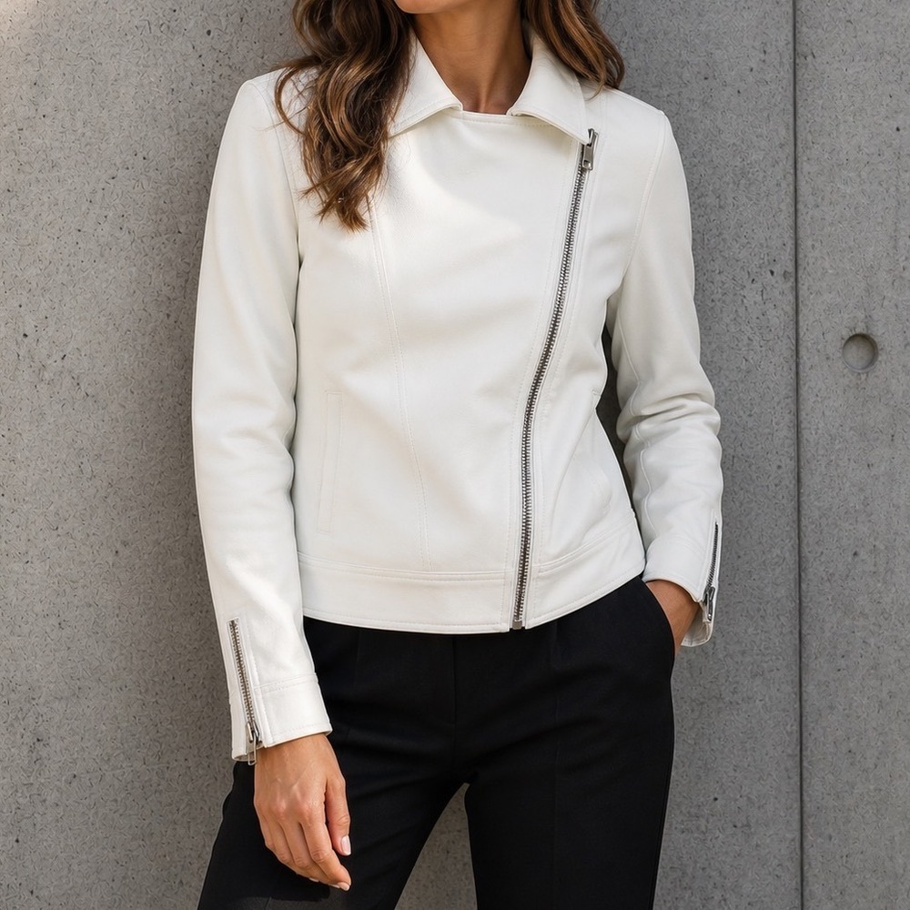 Reiss White Asymmetrical Zip Biker Moto Jacket Size 12 Cream Minimalist Chic‎ j1